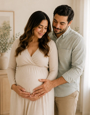 Hands resting gently near Isabella's baby bump